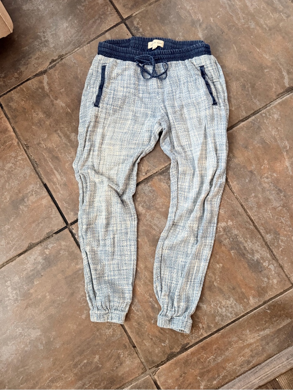 cloth & stone Light Blue Textured Jogger Pants with Navy Waistband